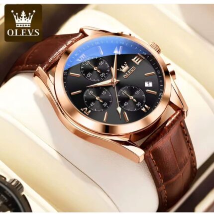 Olevs Chronograph Men's Watch – Leather Strap, Date & Luminous