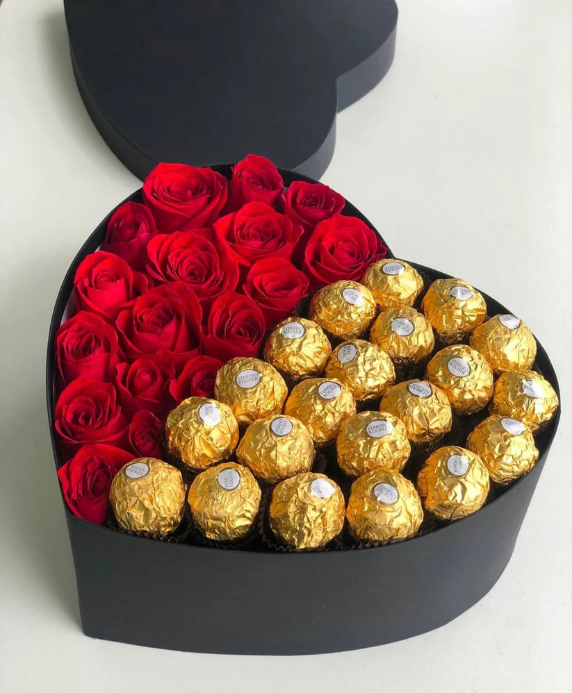 Roses-and-chocolate-valentines-box Ferrero Rocher & Red Roses Heart Box – Valentine’s - Image 1