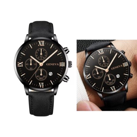 GENEVA Brand – Men’s Minimalist Sports Automatic Date Watch with Stainless Steel Leather Case Military Style