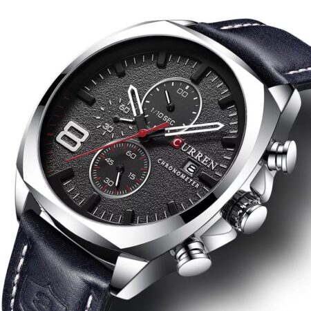 Mens Leather Strap  Classic Stainless Steel Waterproof Chronograph Date Analog Quartz CURREN Watch