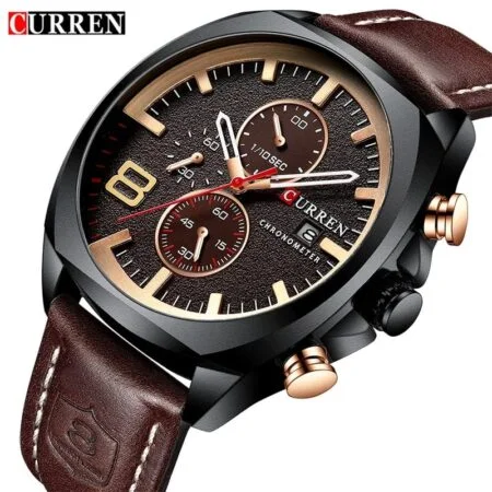 CURREN Mens Leather Strap  Classic Stainless Steel Water Resistant Chronograph Date Analog Quartz CURREN Watch