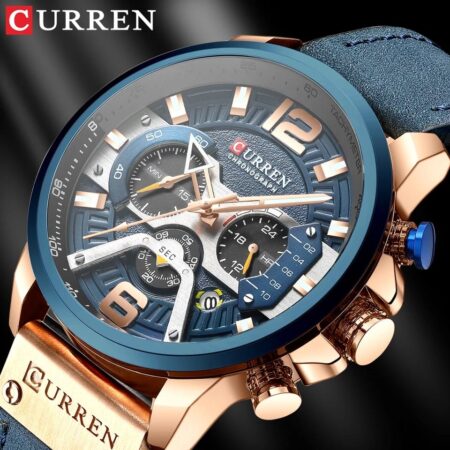 CURREN New Fashion Chronograph Water Resistant Men’s Watch (Rose Gold Blue)