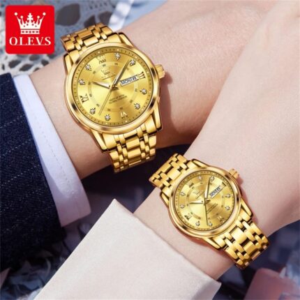OLEVS 5513 Couple Watches – Stainless Steel, Date & Day Display, Water Resistant Quartz Set