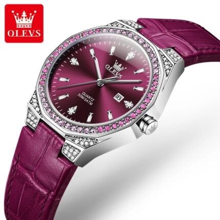 OLEVS 5606 Ladies Leather Strap Watch – Date Display, Stainless Steel Case, Water Resistant