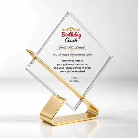 Personalized Crystal Birthday Award Trophy with Golden Pen & Base