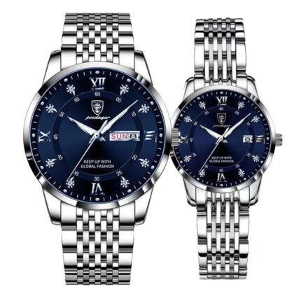 Poedagar 836 Couple Watches – Stainless Steel, Date Display, Water Resistant Quartz Set