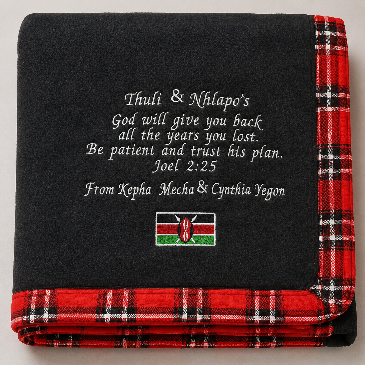 ChatGPT Image Jul 30, 2026, 03_40_25 PM Black Personalized Fleece Blanket with Red Plaid Border | Custom Embroidered Blanket - Image 1