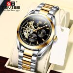 TEVISE Automatic Skeleton Men's Watch – Two-Tone Gold & Silver Luxury Mechanical Wristwatch