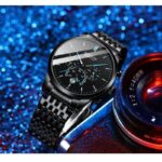 POEDAGAR Men's Black Stainless Steel Quartz Watch with Luminous Hands - Image 2