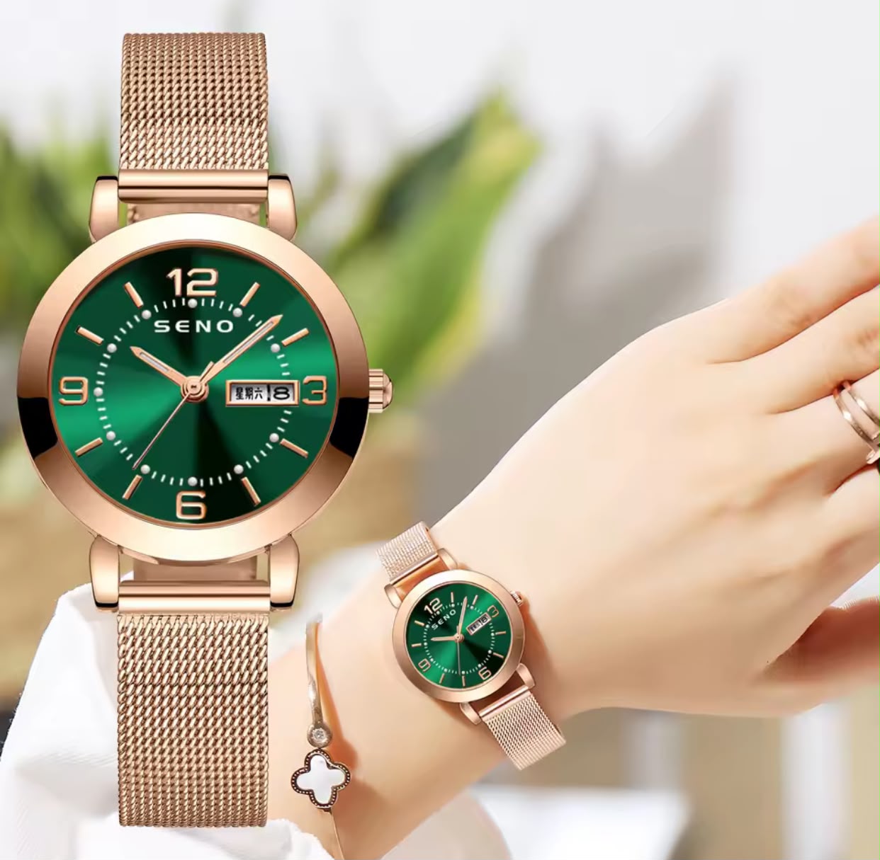 WhatsApp Image 2026-07-13 at 13.12.31 SENO Women's Rose Gold Mesh Strap Quartz Watch with Day & Date Display - Image 1