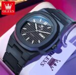 OLEVS Black Quartz Watch Waterproof Luminous Stainless Steel Wristwatch - Image 4