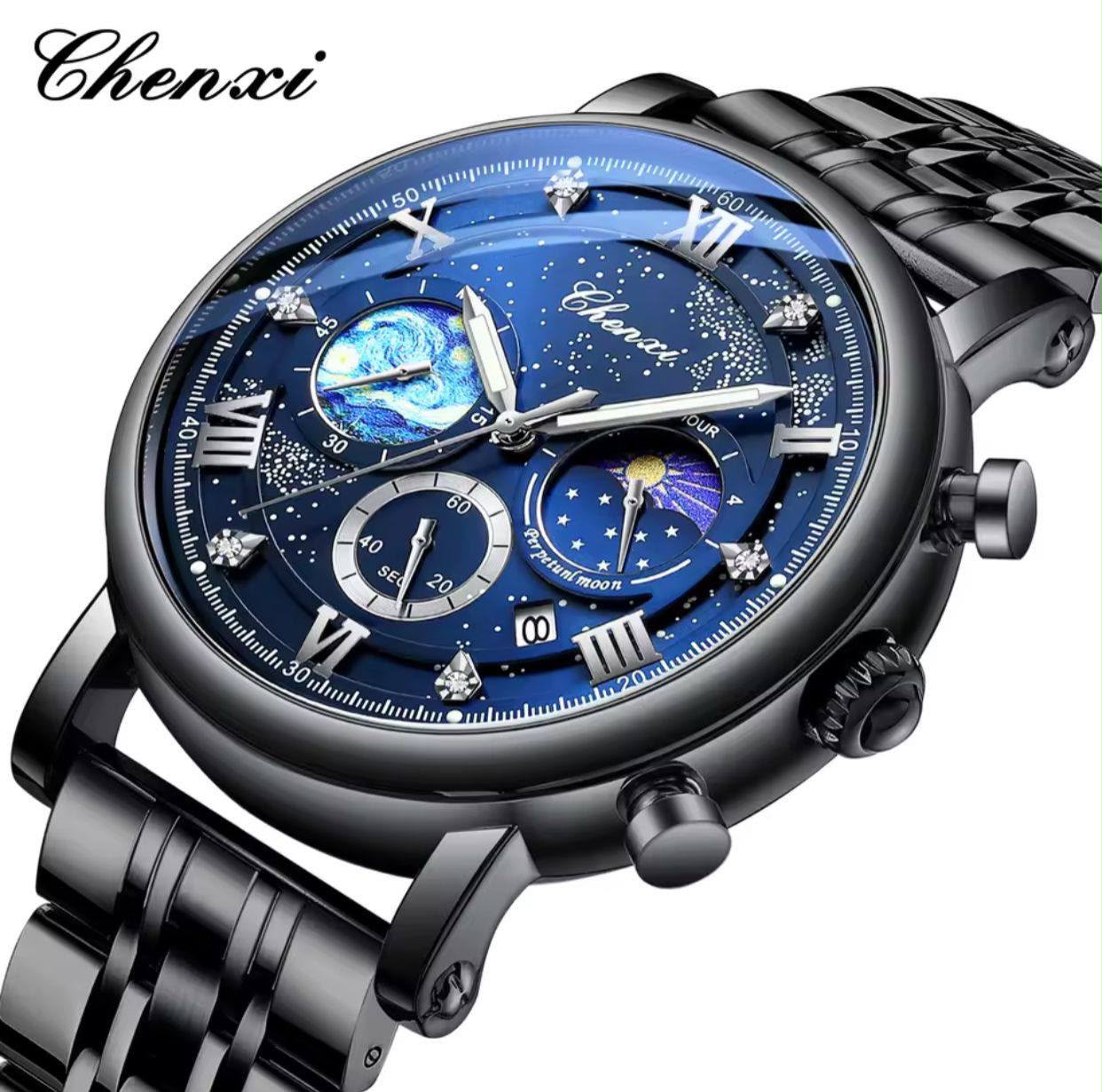 WhatsApp Image 2026-07-25 at 08.13.45 Chenxi Black Stainless Steel Men's Multifunction Quartz Watch – Blue Dial - Image 1