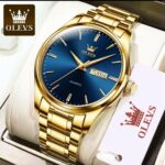 Olevs Gold Stainless Steel Men's Quartz Watch with Blue Dial
