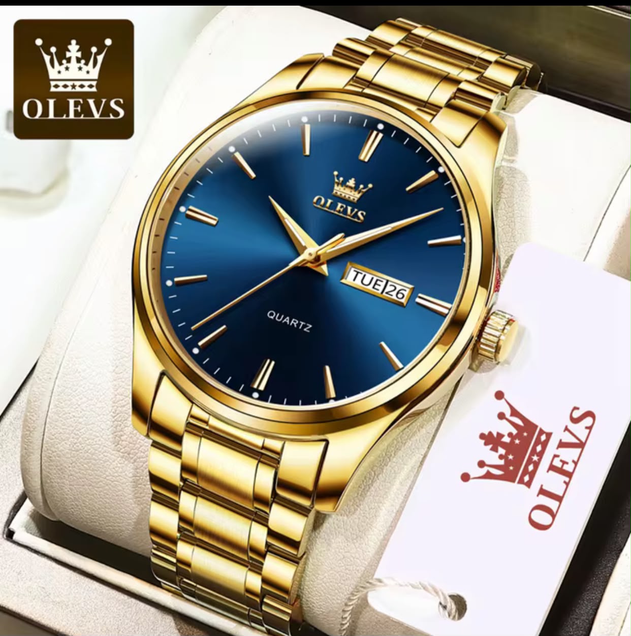 WhatsApp Image 2026-07-25 at 10.07.00 Olevs Gold Stainless Steel Men's Quartz Watch with Blue Dial - Image 1
