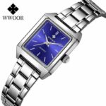 WWOOR Women's Square Quartz Watch – Silver Stainless Steel Bracelet Watch (Black, Pink & Blue Dial)