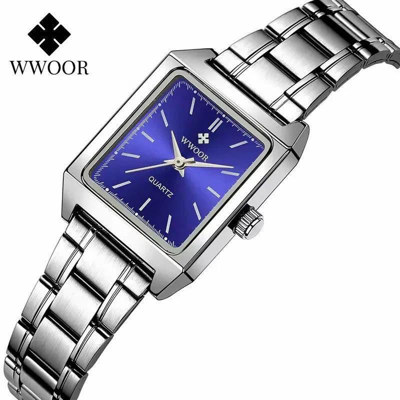 WhatsApp Image 2026-07-25 at 13.31.58 WWOOR Women's Square Quartz Watch – Silver Stainless Steel Bracelet Watch (Black, Pink & Blue Dial) - Image 1