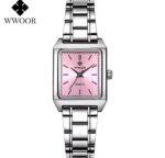 WWOOR Women's Square Quartz Watch – Silver Stainless Steel Bracelet Watch (Black, Pink & Blue Dial) - Image 5