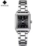 WWOOR Women's Square Quartz Watch – Silver Stainless Steel Bracelet Watch (Black, Pink & Blue Dial) - Image 3