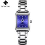 WWOOR Women's Square Quartz Watch – Silver Stainless Steel Bracelet Watch (Black, Pink & Blue Dial) - Image 4