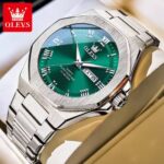 Olevs Silver Stainless Steel Men's Quartz Watch with Green Dial