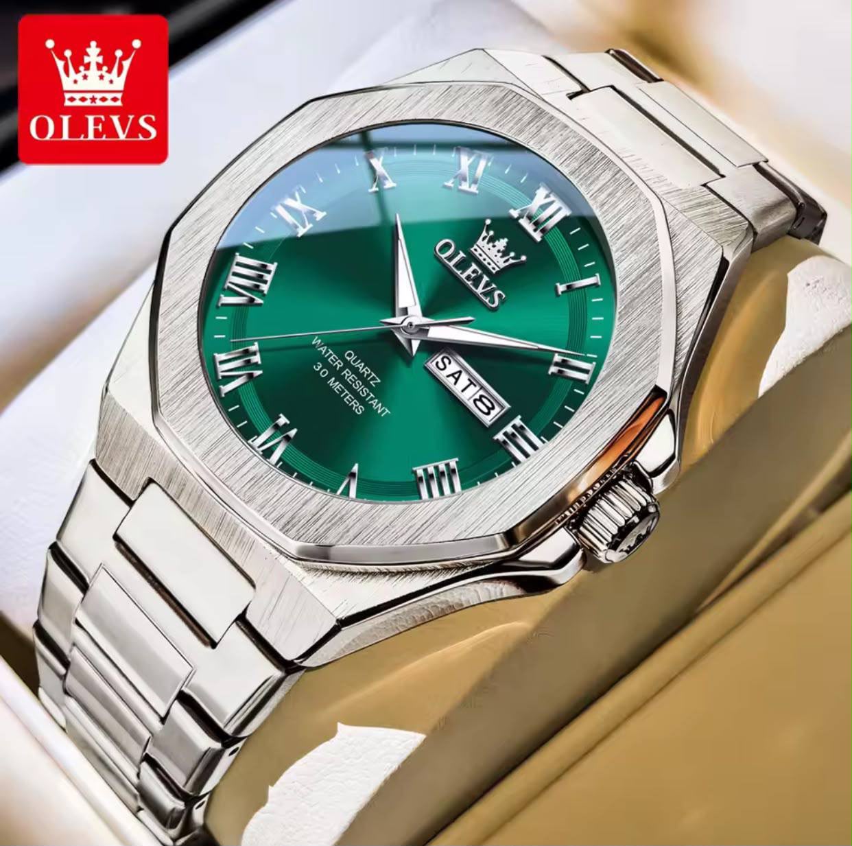 WhatsApp Image 2026-07-27 at 08.16.27 Olevs Silver Stainless Steel Men's Quartz Watch with Green Dial - Image 1