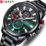 Curren Men's Black & Green Chronograph Watch | Stainless Steel Quartz Wristwatch