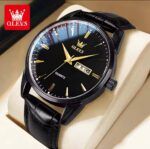 OLEVS Men's Quartz Leather Strap Watch – Day & Date Analog Dress Watch