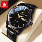 OLEVS Men's Quartz Leather Strap Watch – Day & Date Analog Dress Watch