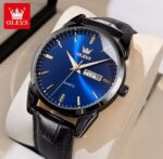 OLEVS Men's Quartz Leather Strap Watch – Day & Date Analog Dress Watch - Image 3
