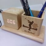 Personalized Wooden LED Clock with Pen Holder | Custom Office Desk Organizer Gift