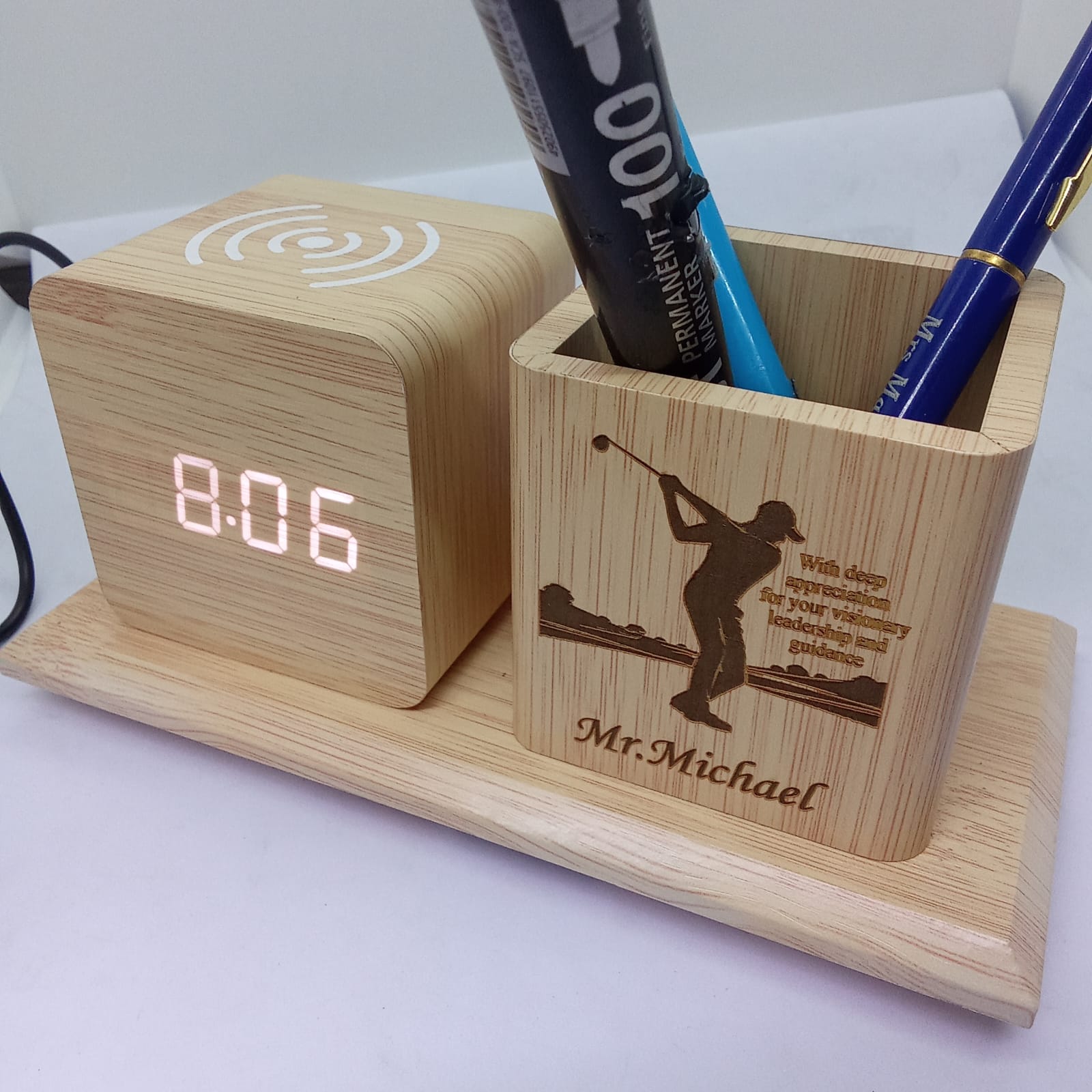 WhatsApp Image 2026-07-28 at 18.03.32 Personalized Wooden LED Clock with Pen Holder | Custom Office Desk Organizer Gift - Image 1