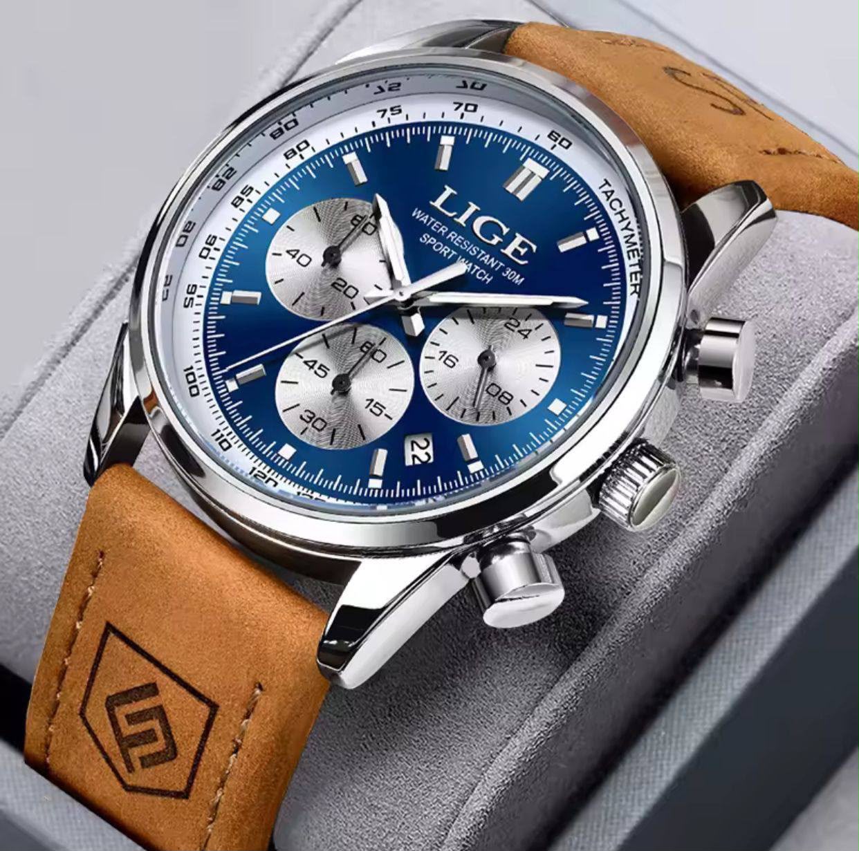 WhatsApp Image 2026-07-29 at 12.19.15 LIGE Men's Chronograph Leather Watch | Blue Dial Quartz Watch - Image 1