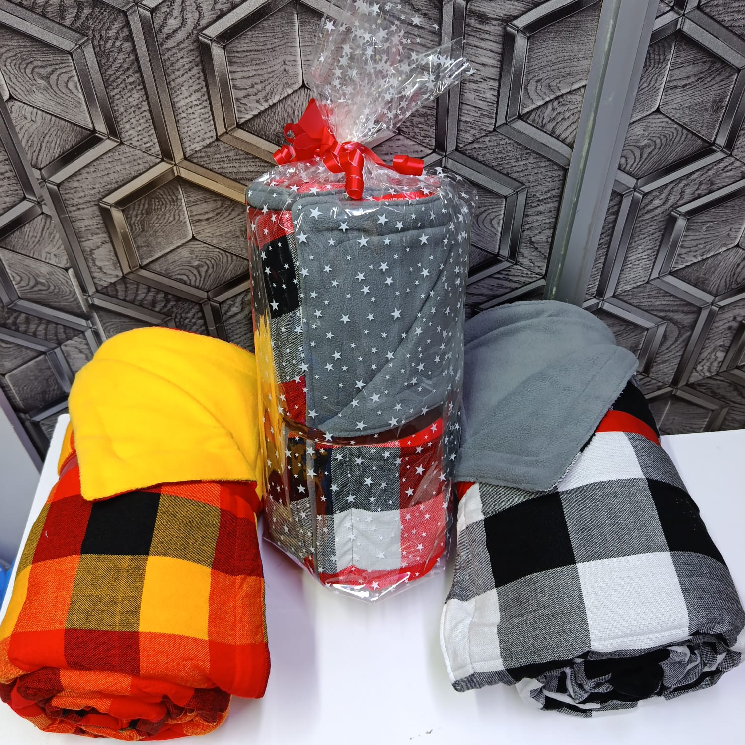 WhatsApp Image 2026-07-31 at 19.30.47 (1) Gift Wrapped Maasai Fleece Blanket – Soft Warm Throw Blanket in Grey, Yellow & Black-White - Image 1