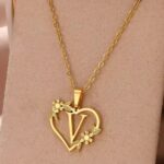 Personalized Gold Initial Heart Necklace with Floral Design for Women