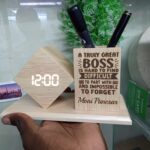 Personalized Wooden Desk Organizer with LED Clock | Custom Pen Holder Gift
