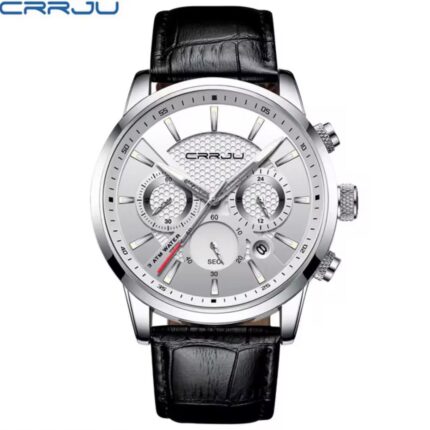 CRRJU Men's Silver White Leather Watch