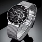 CRRJU Men's Silver Black Mesh Watch
