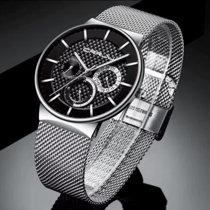CRRJU Men's Silver Black Mesh Watch