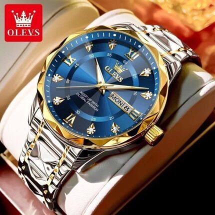 OLEVS Men's Two-Tone Gold Blue Diamond Watch