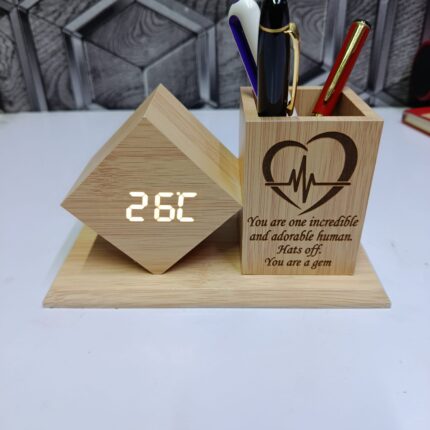 wooden desk clock organizer