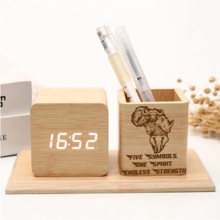 wooden digital clock pen holder