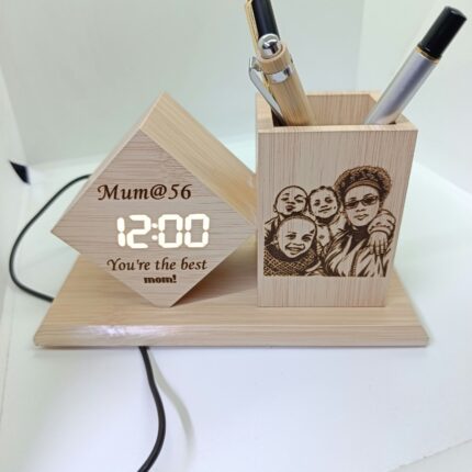 Wooden Clock Desk Organizer