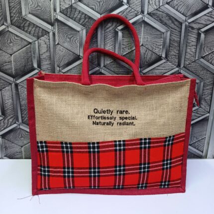 Red Plaid Jute Bag with Print