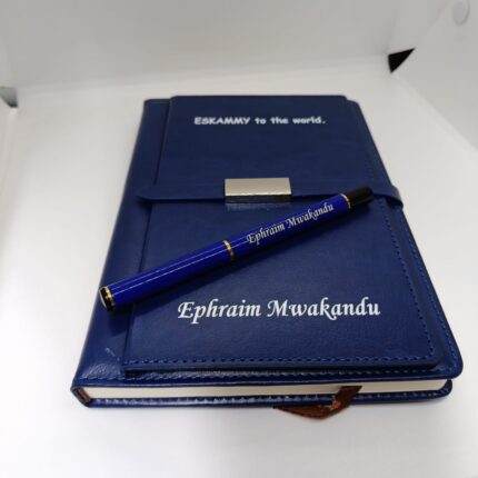 custom blue leather notebook pen set
