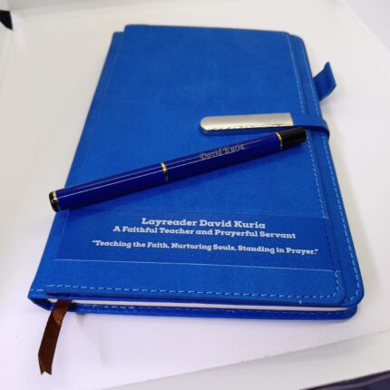 personalized notebook with branded pen